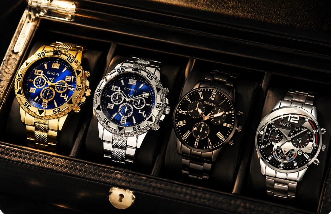 4pc High-End Luxury Watches Bundle – Elegant Bulk Timepiece Set (Gold, Silver & Black)